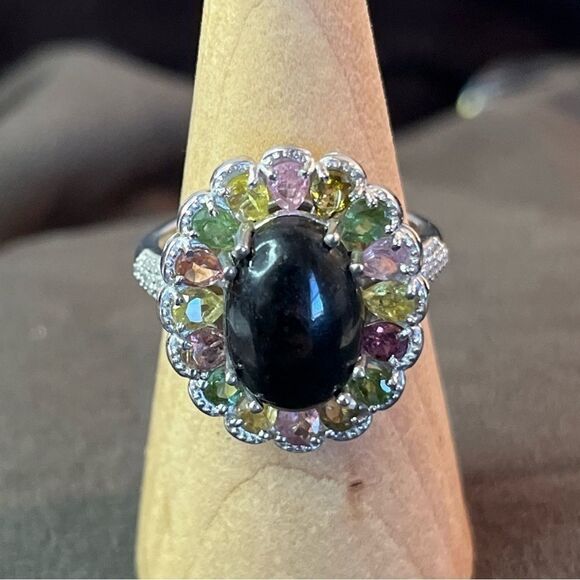 Black & Multi Color Tourmaline Natural Zircon Halo Platinum Sterling Silver Ring - Picture 5 of 13